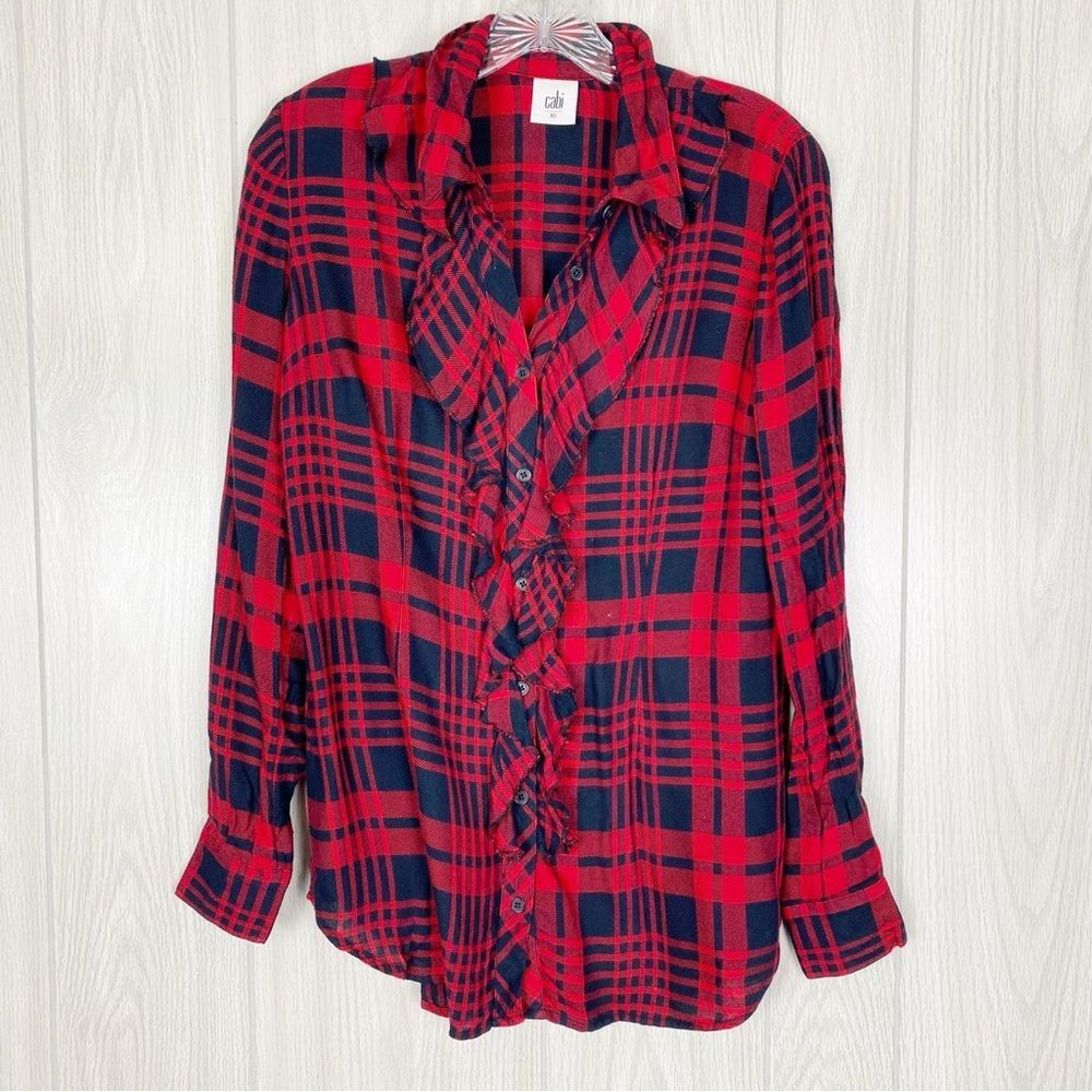 Cabi | Lodge Ruffle Red & Black Plaid Button Down Shirt Size XS